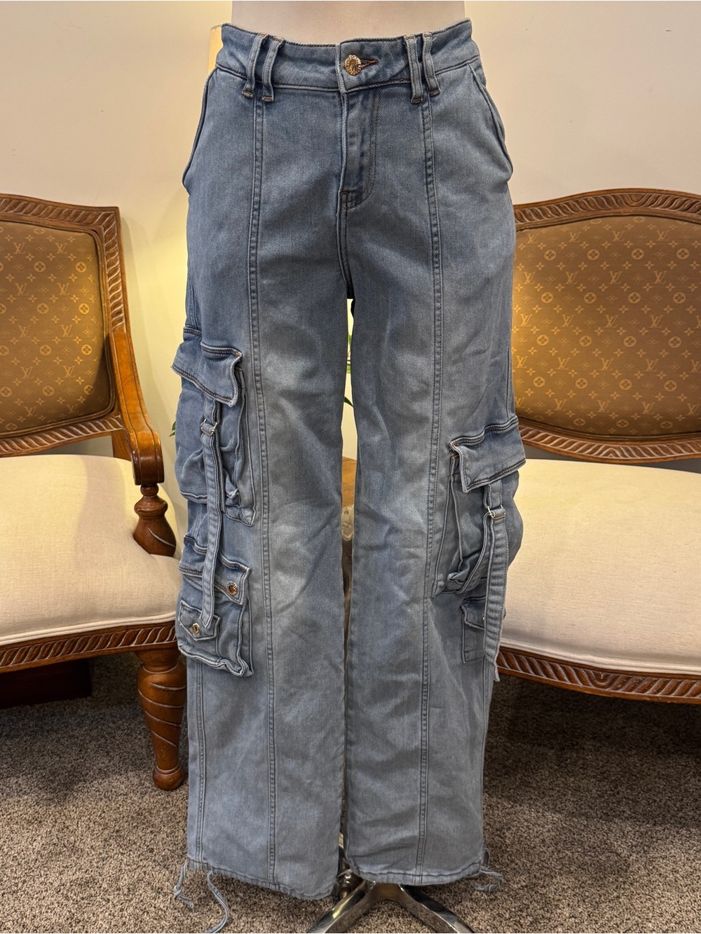 Retrofete Blue Cargo Wide-Leg Jeans Size 26/28